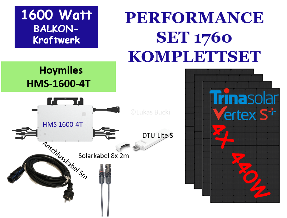 Balkonkraftwerk 1600W Hoymiles HMS 1600-4T Trina Solar Glas-Glas Fullblack
